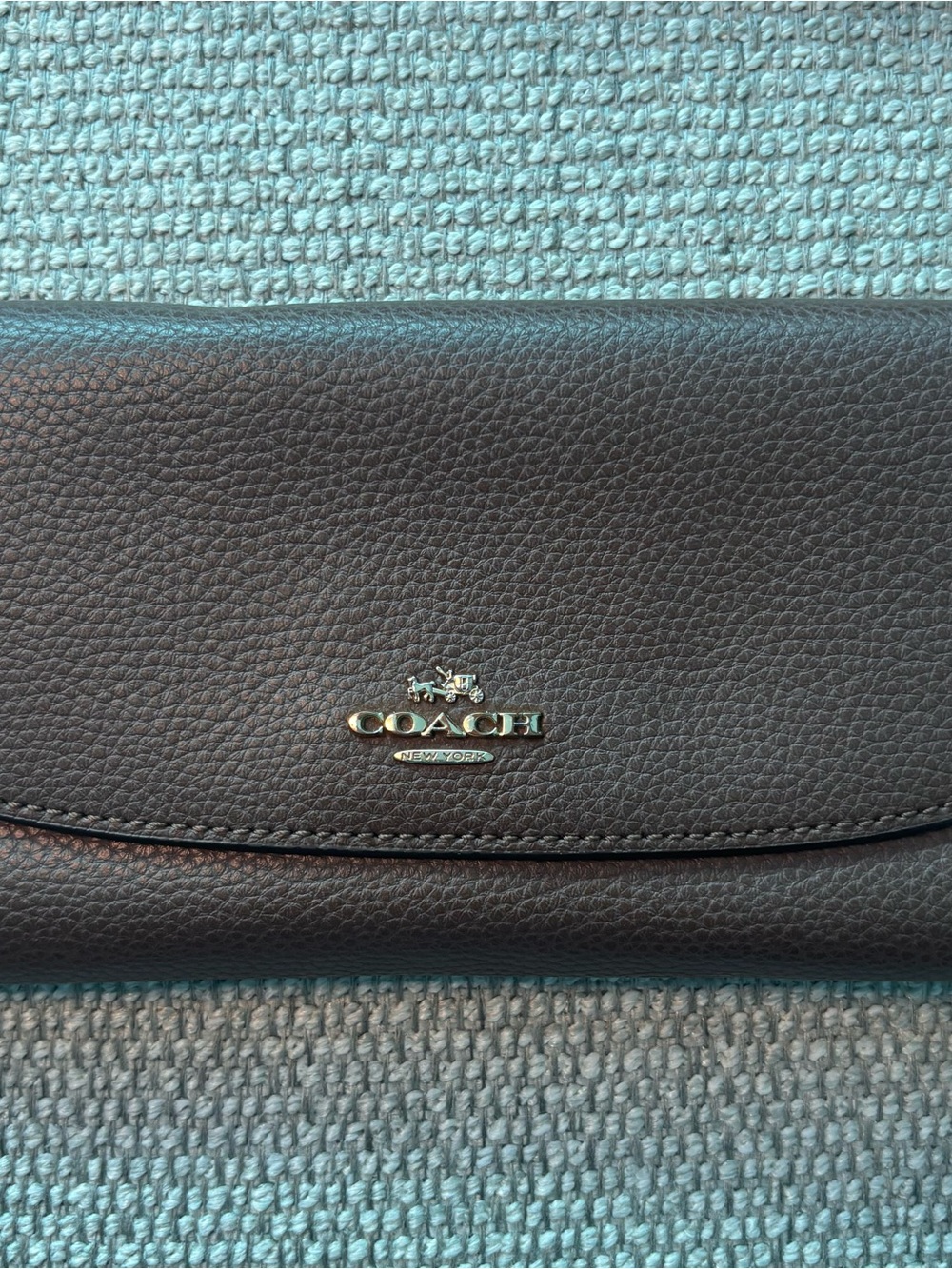 Coach Pebbled Leather Fold-Over Wallet in Brown with Gold Logo